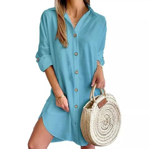 Women Casual Long Sleeve Shirt Dress Lapel Button Down Solid Polyester Mini Dress Elegant Commuter Solid Color Short Dress