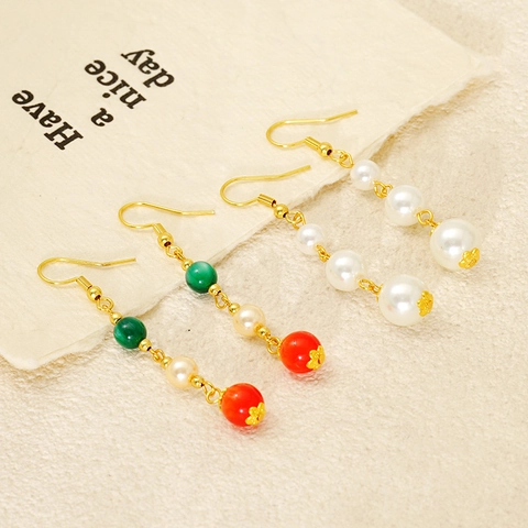 Pendientes Colgantes De Acero Inoxidable Chapado En Oro 18K Con Perla Artificial Ágata Jaspe Joyería Retro Elegante Mujer