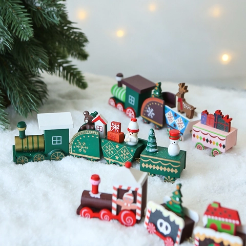 Wooden Christmas Train Ornaments Painted Snowman Bear Tree For Tabletop Window Holiday Home Decor Gift