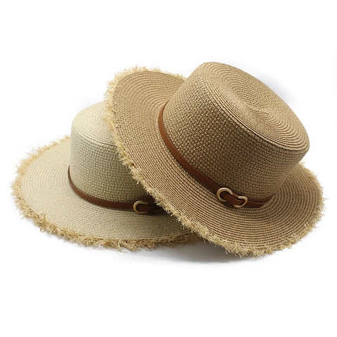 Women Paper Straw Boater Hat Flat Top Wide Brim Sun Protection Beach Travel Summer Casual Frayed Edge Leather Belt Decor