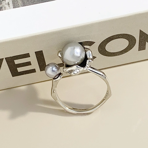 S925 Sterling Silver Irregular Open Ring For Women Minimalist Fashion Artificial Pearl Double Beads Adjustable Finger Jewelry