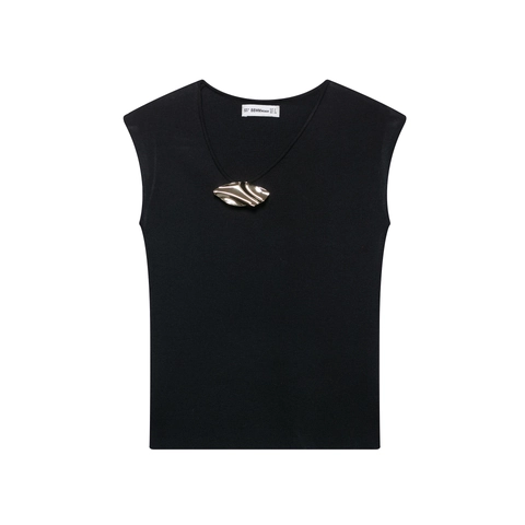 Canotta da Donna Sexy con Scollo a V Senza Maniche in Maglia Con Fibbia in Metallo Ondulato Oro Tinta Unita Streetwear Estate