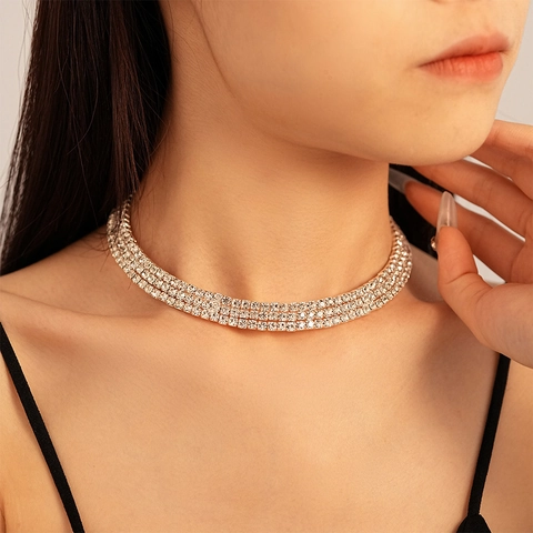 Sparkling Rhinestone Choker Necklace Alloy Multi Row Geometric Elegant Wedding Party Fashion Jewelry For Women