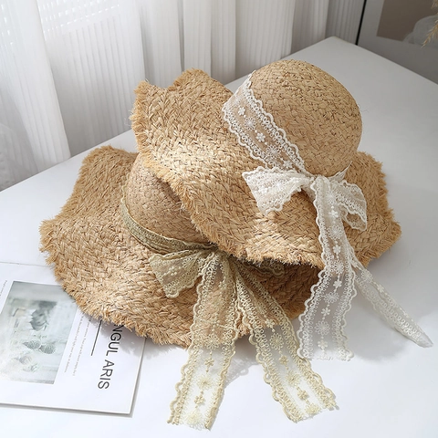 French Style Raffia Straw Sun Hat Women Wide Brim Woven Beach Hat Lace Bowknot Ribbon Breathable Elegant Vacation Cap