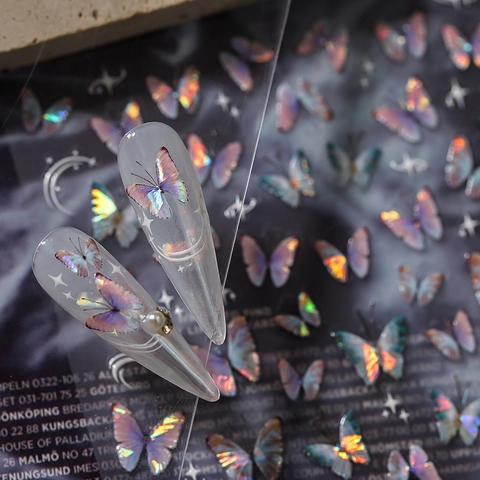 Butterfly 5D Nail Art Stickers Holographic Aurora Laser Adhesive Manicure Decals DIY Decoration Celestial Theme