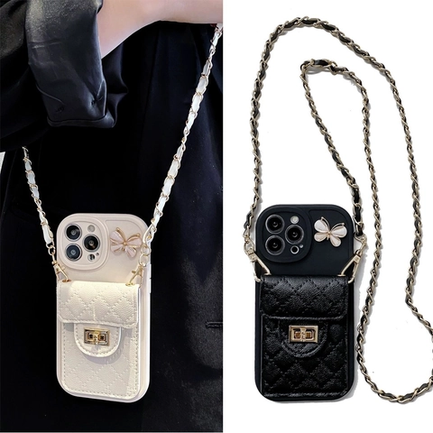 Elegant Quilted Silicone Crossbody Phone Case With Card Bag Wallet Butterfly Charm Metal Chain Strap For Women Accessory