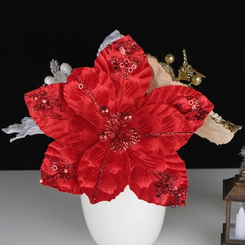 Sparkling Artificial Poinsettia Flowers Cloth With Sequins And Glitter For Christmas Tree Wreath Decoration Party