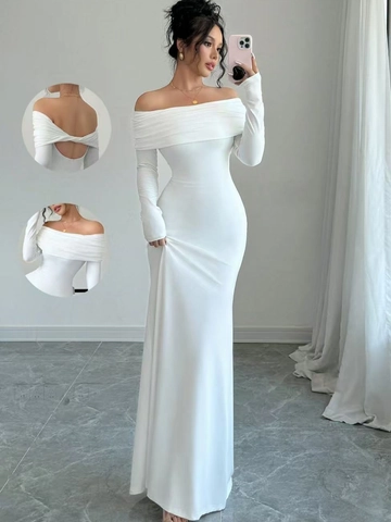 Off Shoulder Langarm Slim Fit Maxi Kleid Für Frauen Polyester Elasthan Rückenfrei Twist Knoten Abend Party Kleid