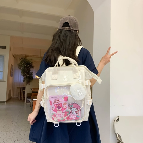 Sac Ita En Nylon Poche Avant Transparente Sac D'école Sac À Dos Kawaii Avec Mini Porte-monnaie Rond Pour Filles