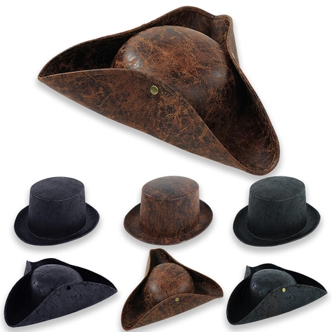 Sombrero Pirata Tricornio Copa Steampunk Cuero Sintético Envejecido Disfraz Cosplay Halloween Textura Agrietada Vintage