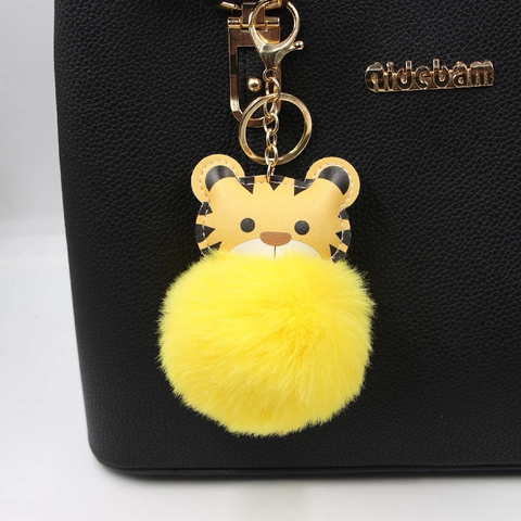 Cartoon Tiger Kaninchenfell-Imitat Schlüsselanhänger Niedlich Plüsch Tier Tasche Anhänger Gold Metall Schlüsselring Damen Auto