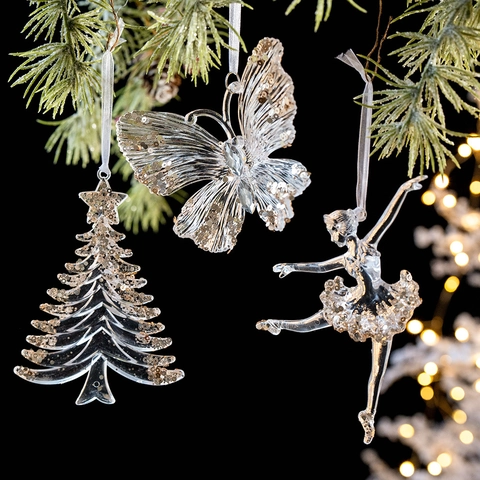 Ornements de Noël en Acrylique Transparent Paillettes Brillantes Pendentifs Suspendus Flocon de Neige Renne Décoration de Sapin Pour Fête