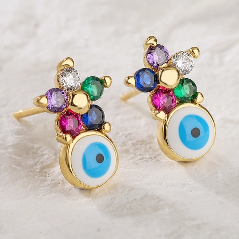 Orecchini A Lobo Occhio Del Male Design Fiore Rame Zirconia Colorata Smalto Mini Gioielli Di Tendenza Per Donna