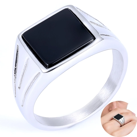 Men Signet Ring Stainless Steel Square Black Stone Inlaid Retro Hip Hop Minimalist High Street Jewelry