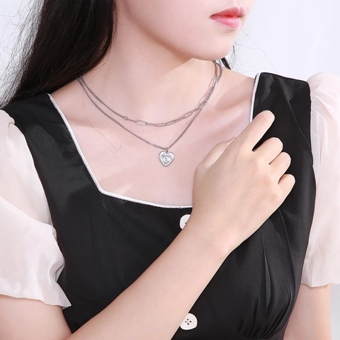 Double Layer Heart Pendant Necklace Stainless Steel Paperclip Cuban Chain Rotating Decision Wheel Minimalist Jewelry