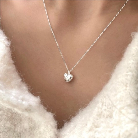 Heart Pendant Necklace 925 Sterling Silver Cubic Zirconia Beaded Chain Minimalist Korean Style Jewelry