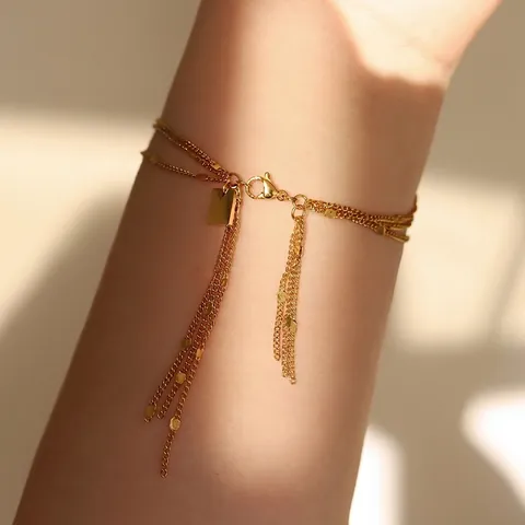 Elegant 18K Gold Plated Titanium Steel Multi Layer Bracelet With Tassel And Square Tag Minimalist Jewelry For Women