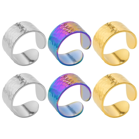 Hammered Texture Wide Band Adjustable Open Ring 304 Stainless Steel Minimalism Cold Style Unisex Vintage Jewelry
