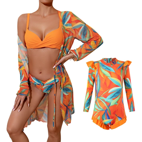 Family Matching Bademode Tropischer Druck Bikini Und Langarm Cover Up Mutter Tochter Badeanzug Beachwear