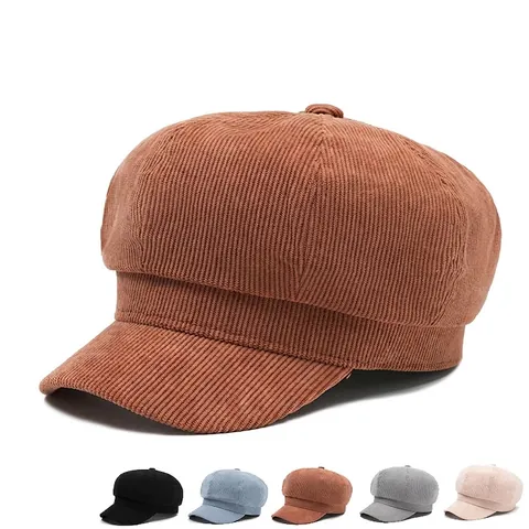 Women Octagonal Newsboy Cap Corduroy Cotton Polyester Warm Winter Beret Retro Artist Hat Adjustable Solid Color Fashion