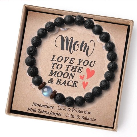 Natürliches Edelstein Perlenarmband Mondstein Rosa Zebra Jaspis Lavastein Handgemachtes Geschenk Schmuck Für Mutter