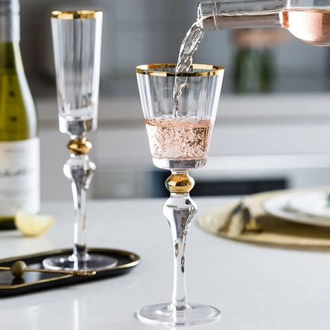 Weinglas Champagnerflöte Irisierendes Glas Goldrand Dekorative Perle Stiel Geripptes Elegantes Trinkgefäß Hochzeit Party