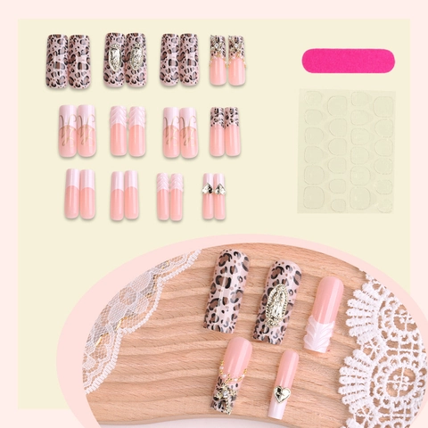 French Leopard Print Press On Nails With 3D Metal Charms Artificial Pearls Rhinestones Long Coffin Luxury Fake Nails For Women