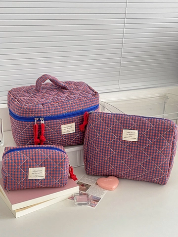 Quilted Checkered Makeup Bag Cotton Contrast Color Portable Cosmetic Toiletry Organizer Storage Pouch Travel Aesthetic Ins Style