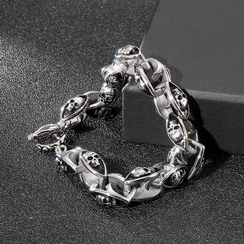 Pulsera De Acero Inoxidable Para Hombre Punk Rock Cráneo Cadena De Eslabones Joyería Gótica Vintage Con Cierre De T