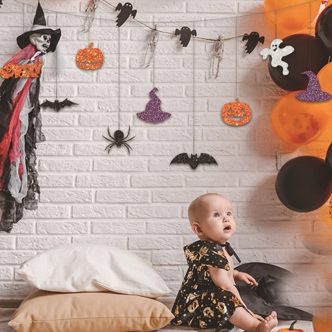 Halloween Hängegirlande Glitzer Papier Kürbis Fledermaus Geist Spinne Hexenhut Boo Banner Party Dekoration