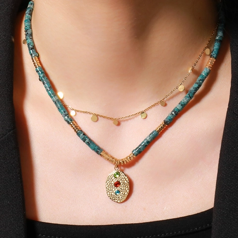 Collier en Pierre Naturelle Vintage pour Femme Bohème Double Rangée Superposée Chaîne de Perles en Laiton Choker Pendentif Incrusté de Strass Bijoux