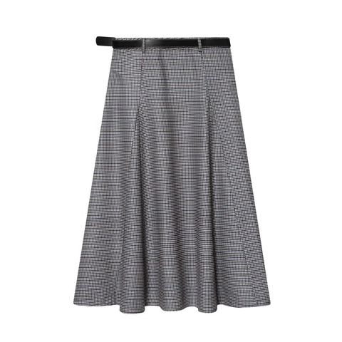 Houndstooth Karo Midirock Hohe Taille A-Linie Mit Ledergürtel Büro Dame Retro Lässig Damen Elegant Polyester