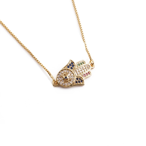 Hamsa Hand Böser Blick Halskette Vergoldet Kupfer Bunter Zirkon Anhänger Boxkette Schutzschmuck Für Damen