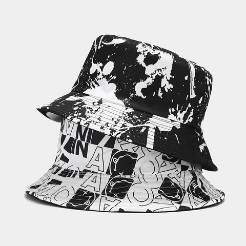 Omkeerbare Graffiti Vissershoed Polyester Zonbescherming Ademend Flat Top Hip Hop Streetwear Voor Heren En Dames