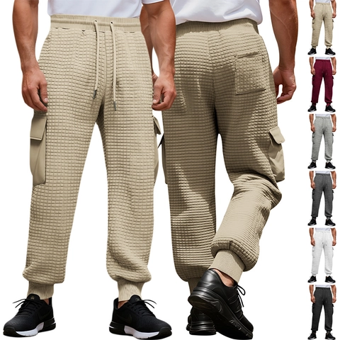 Pantaloni Cargo Jogger Uomo Texture Nido D Ape Motivo Griglia Tasche Multiple Coulisse Vita Fondo Elastico Casual Sportivo