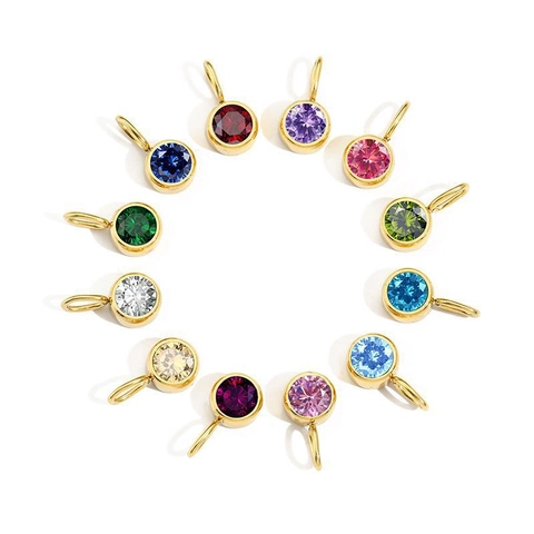 Birthstone Charms Pendants Stainless Steel Round Colorful Rhinestone For DIY Necklace Bracelet Jewelry Making