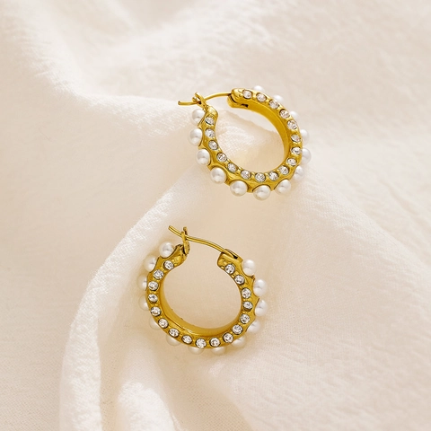 Vintage Titanium Steel Geometric Pearl Zirconia Earrings French Luxury Gold Plated Hoop Earrings For Women Fashion Jewelry