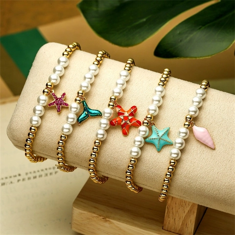 Bracciale Con Perline Tema Oceano Per Donna Con Künstliche Perle Di Rame Künstliche Perle D'Imitazione E Ciondoli In Smalto Stella Marina