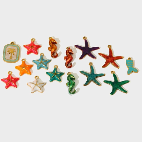 Stainless Steel Sea Animal Charms Enamel Seahorse Starfish Pendants For DIY Jewelry Making Waterproof Gold Plated
