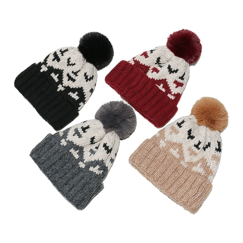 Gebreide Muts Met Pompon Winter Warm Acryl Geometrisch Ruitpatroon Retro Beanie Voor Heren Dames
