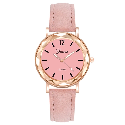 Women Quartz Watch Rose Gold Case Faceted Diamond Cut Glass Matte Leather Strap Elegant Ladies Casual Fashion Wristwatch