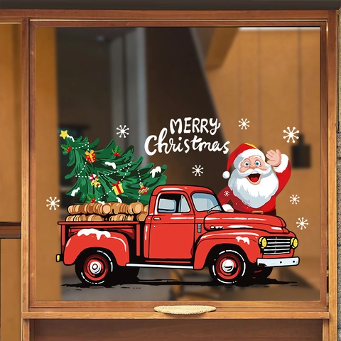 Christmas Static Window Stickers PVC Red Truck Santa Claus Snowflake Reversible Pattern Removable Holiday Decoration