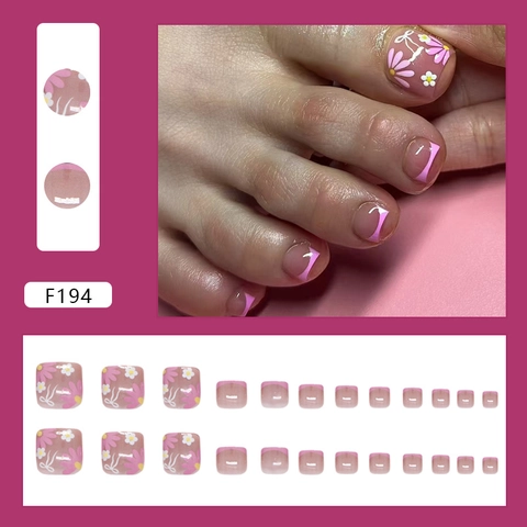 Pink Purple Press On Toe Nails French Tip Daisy Bow Glossy ABS Detachable Full Cover Fake Toenails For Women Summer