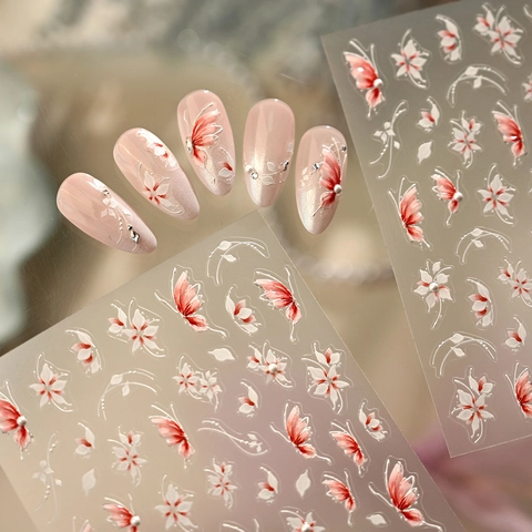 Adesivi Unghie Rilievo 5D Farfalla Rossa Bianca Disegni Fiori Decalcomanie Autoadesive Per Decorazione Manicure