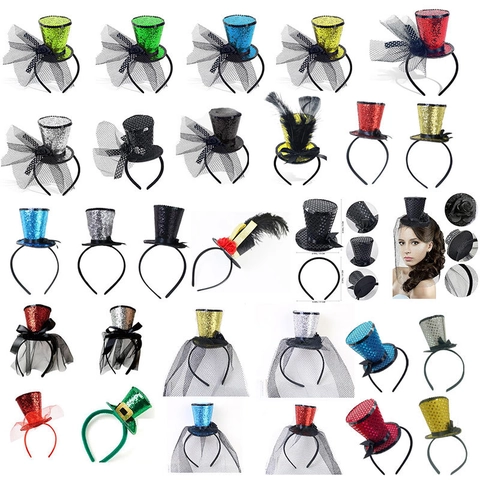 Sequin Mini Top Hat Headband With Mesh Veil And Ribbon Bow For Costume Party Carnival Performance Headpiece Accessory