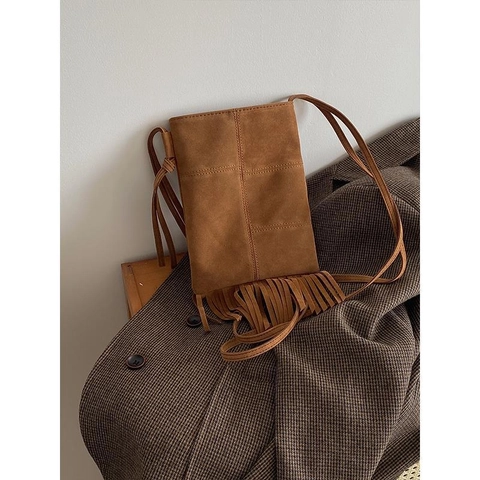 Borsa Tracolla Boho Con Frange Donna Retro Scamosciato Opaco PU Nappa Piccola Borsa Per Telefono Stile Vintage Marrone