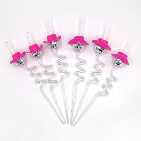 Disco Ball Straws With Mini Pink Cowboy Hat Mirror Reflective Straw Plastic Creative Drinking Straws For Christmas Birthday Party Bar Club Decoration