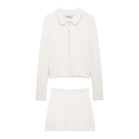Elegant Knitted Cardigan And Mini Skirt Set Long Sleeve Ribbed Two Piece Outfits With Artificial Pearl Trim For Women