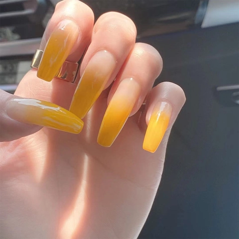 Unghie Finte A Pressione Sfumate Arancione Giallo Lucido Lunghe Forma Bara In Plastica Per Manicure Fai Da Te Estate Donne