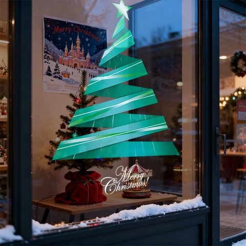 Christmas Window Clings Static Cling PVC Green Ribbon Christmas Tree Decals For Glass Window Shop Home Holiday Decoration